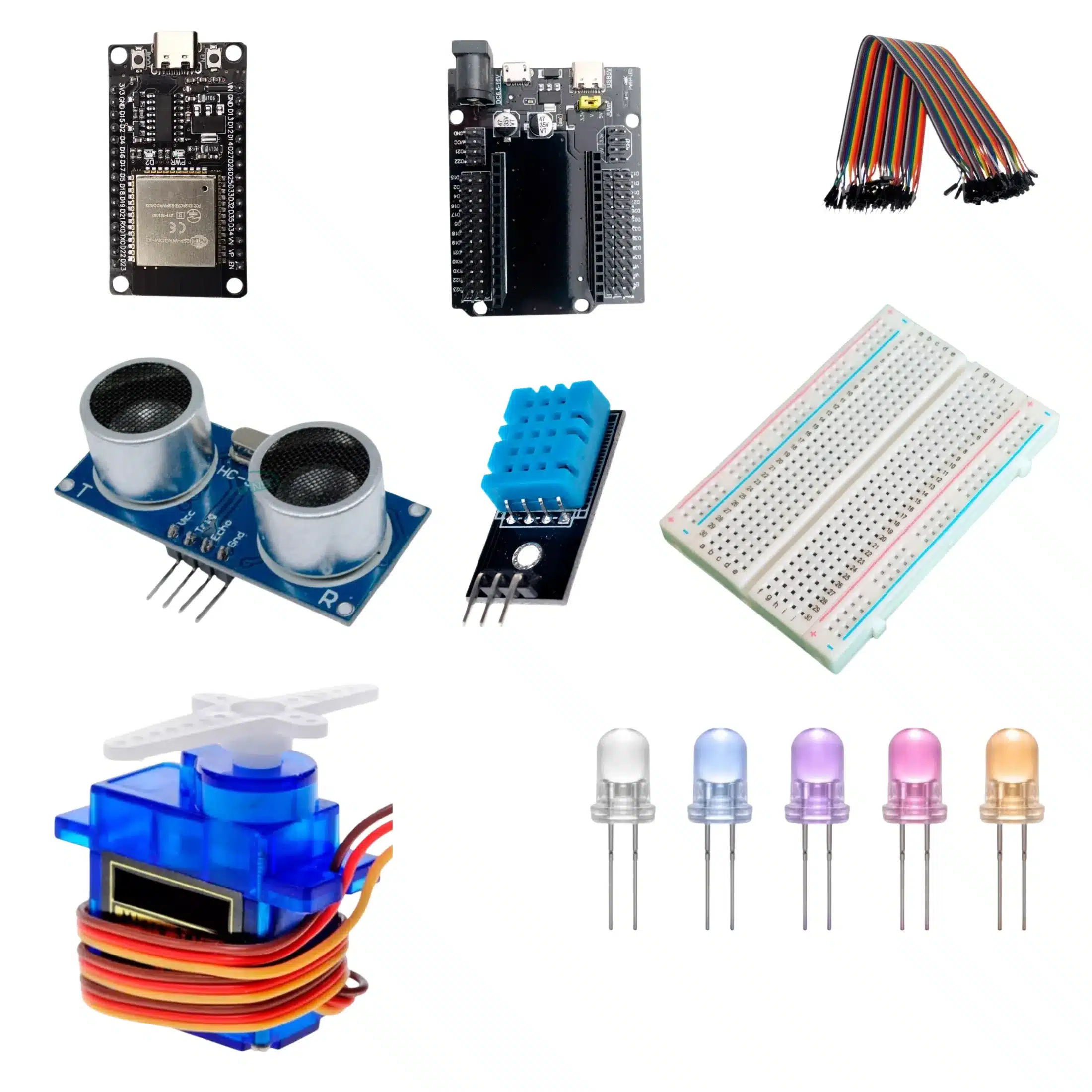 Kit ESP32 WiFi Bluetooth Starter Escolar - Protoboard, Sensores DHT11, Ultrasónico, Servo SG90 y Cables